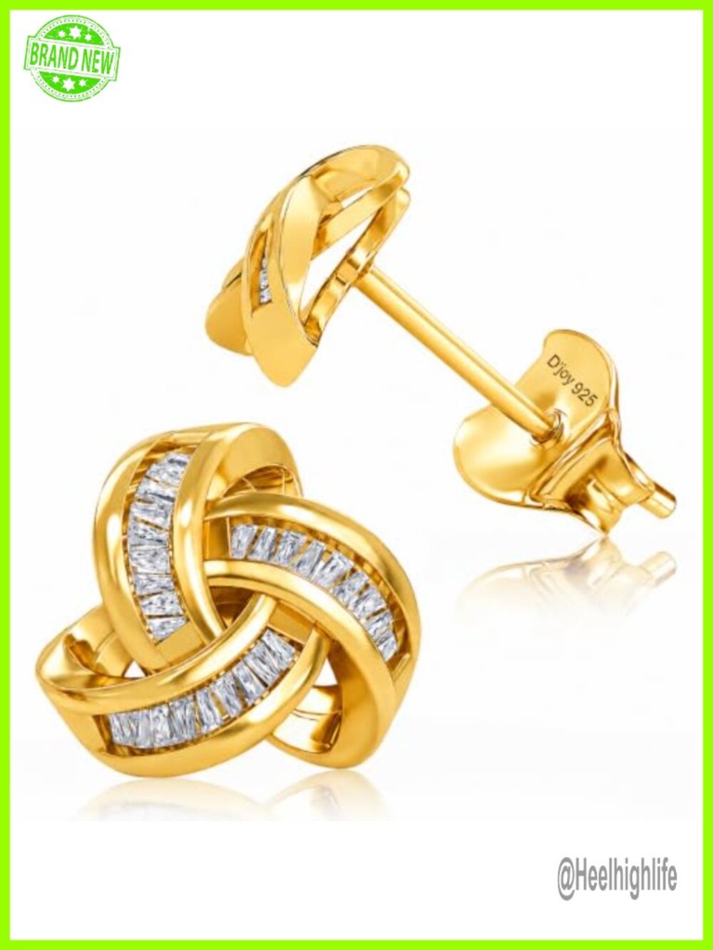 925 Sterling Silver Diamond Love Knot Stud Earrings Vermeil Yellow Gold Plated